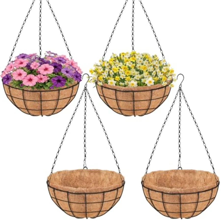 

Outdoor 18-inch round wire hanging baskets with coconut coir liners, natural brown, weather-resistant for garden, deck, porch,