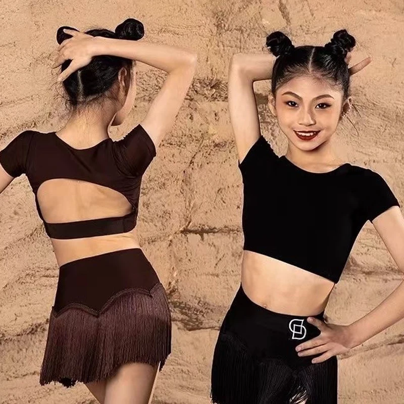 Nuevo Vestido de Baile Latino para Niñas 2026, Traje de Práctica con Espalda Descubierta, Falda con Flecos, Disfraz para Actuaciones de Cha Cha