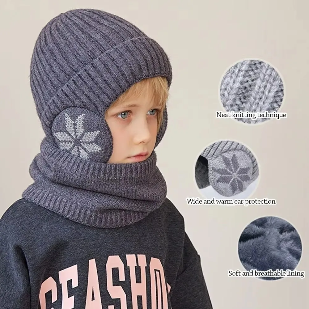 3Pcs Set Warm Winter Hat Scarf Gloves Set Snowflake Pattern Non-slip Gloves Beanie Caps Windproof Ear Protection