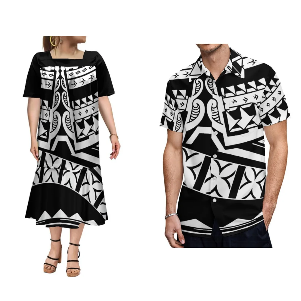 

Hawaii New Couple Set Polynesian Vintage Tribal Design Women's Long Skirt Men's Shirt Custom Mumu Puffed Sleeve Fishtail Dress