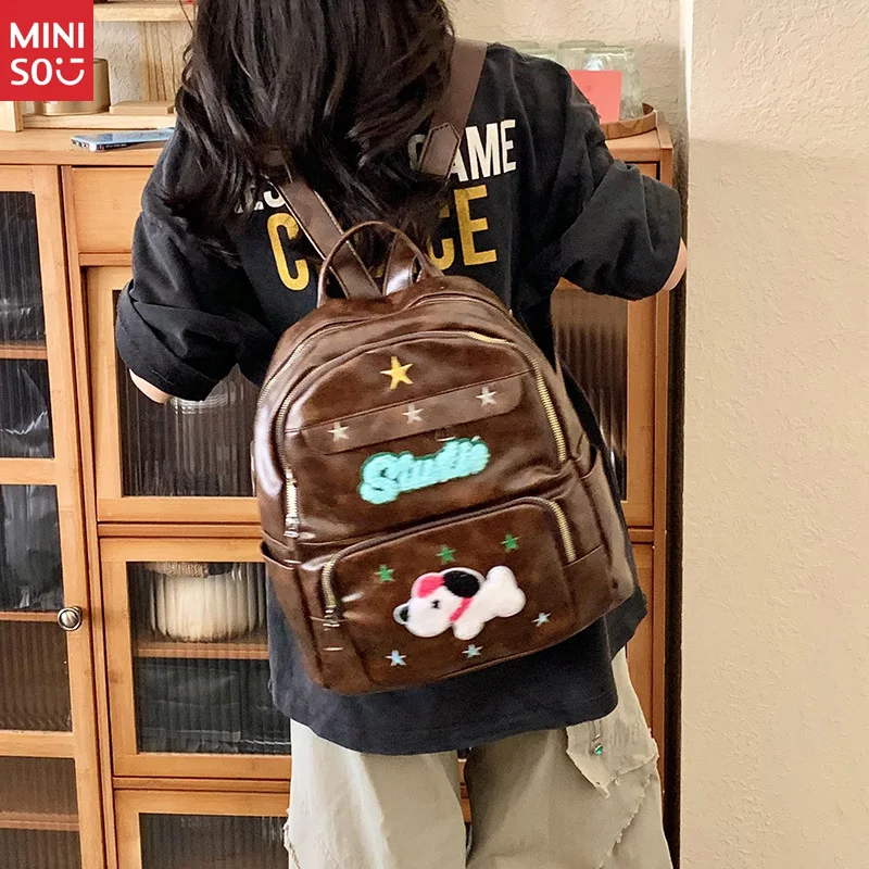

Miniso Retro Puppy Backpack | Y2K Aesthetic, Leather & Nylon Travel Bag