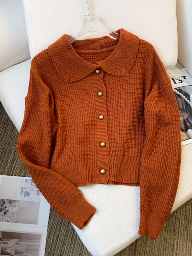 French Elegance Solid Long Sleeve Knitted Tops Women Fashion Peter Pan Collar Slim Sweater Autumn 2024 Button Design Cardigan