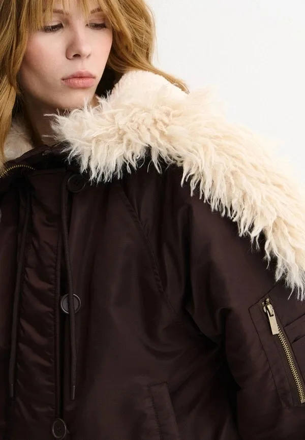 IG Women Oversized Brown Bomber Jacket with Beige Curly Faux Fur Shawl Collar, Button Zip Ruched Back, Winter Warm Casual Street