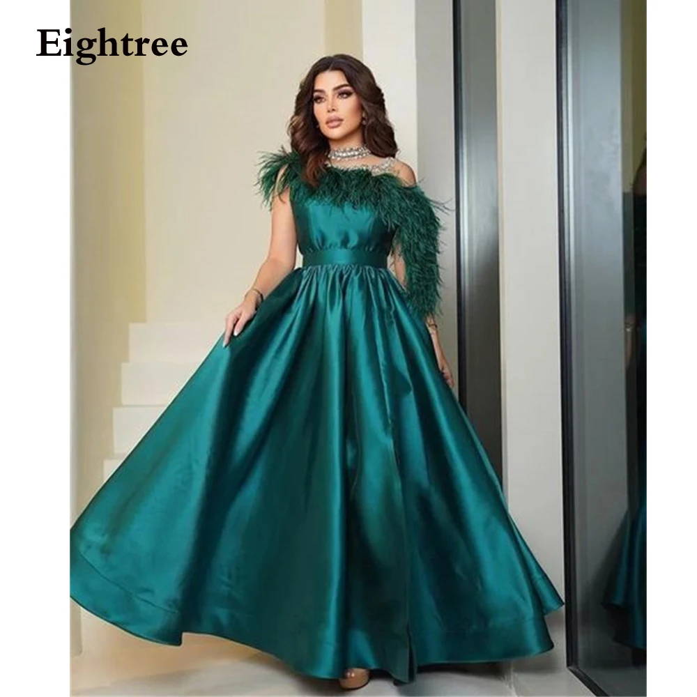 

Eightree Emerald Green Stain Prom Dresses Feathers Pleat Slit Long Evening Dresses Abendkleider Dubai Robes De Soirée 2023