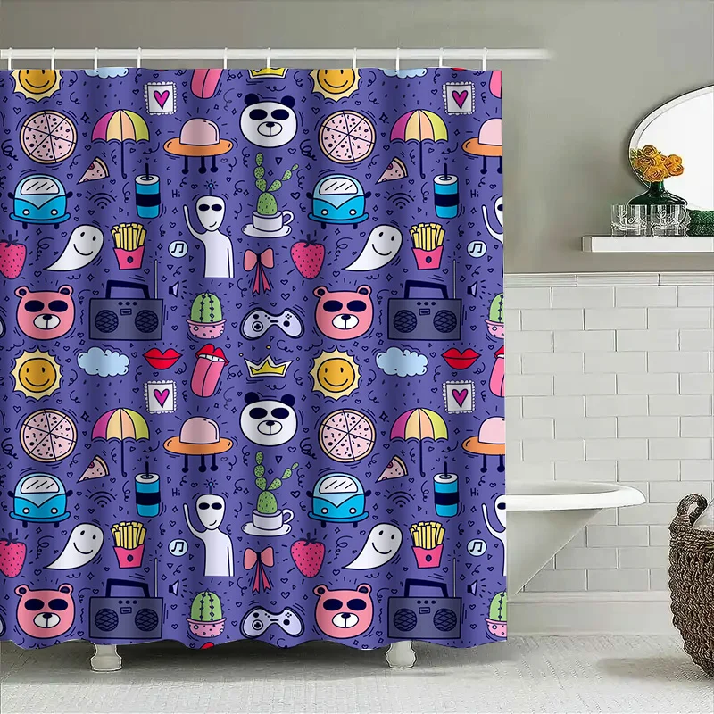 

Tuniu Cute cartoon shower curtain with bears music notes pizza coffee fries and more! Fun bathroom decor for kids and adults.