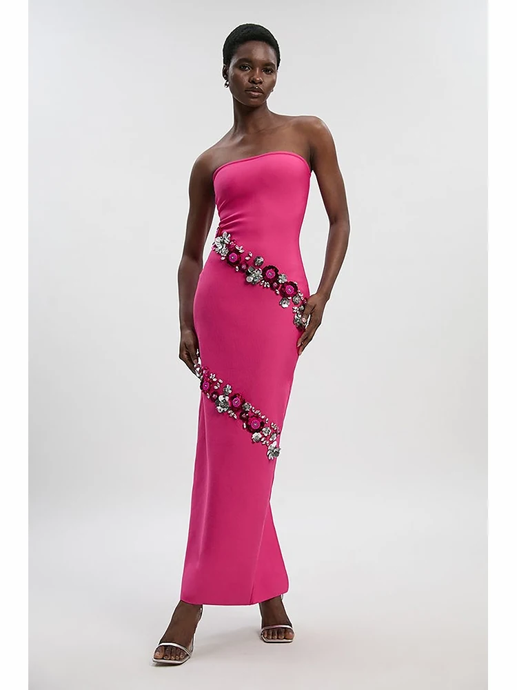 

Sexy Strapless Beaded Florals Bandage Dress Women Rose Red Sleeveless Diamonds Sequins Flowers Bodycon Dresses Evening Party