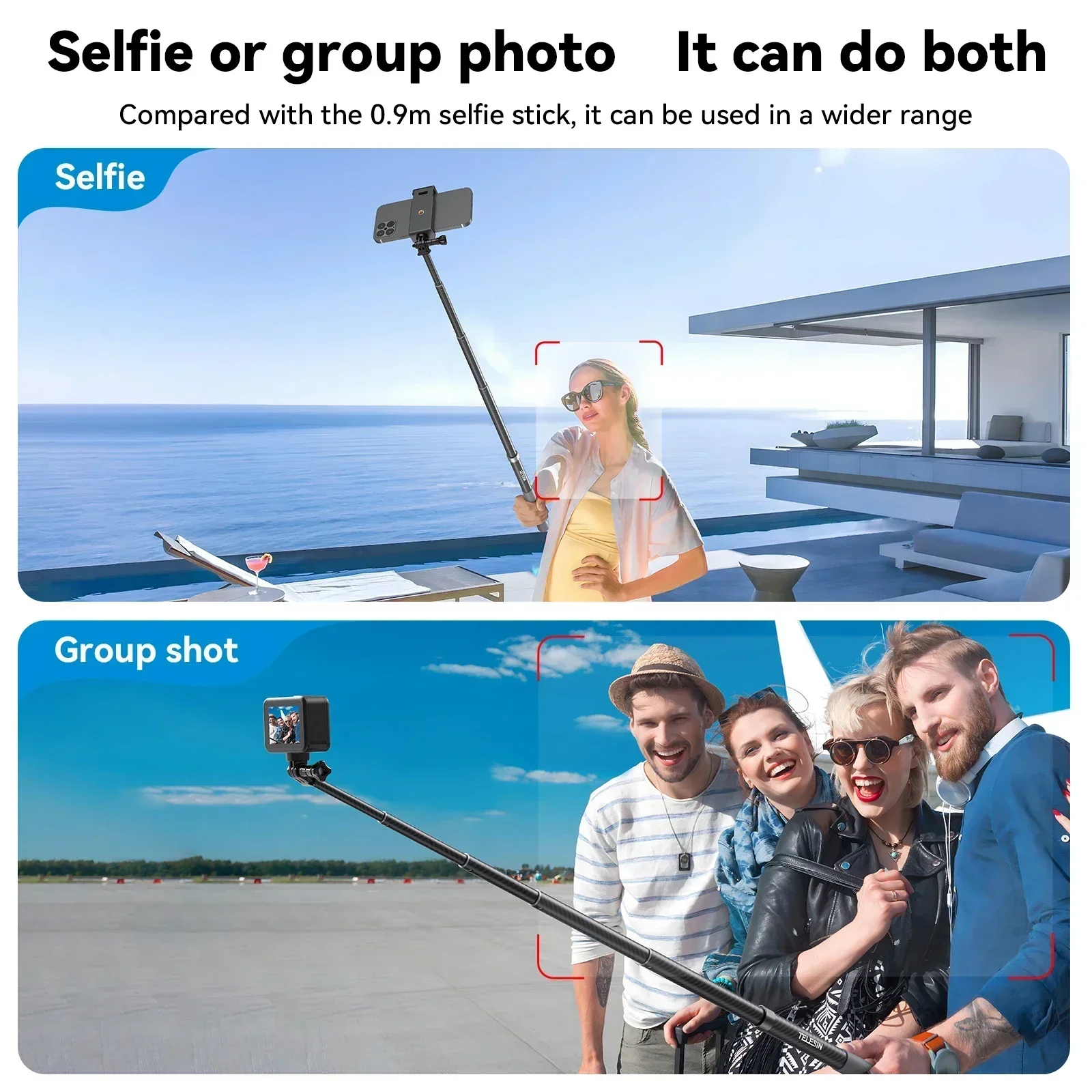 Палка для селфи Telesin 1,2 м 3 м из углеродного волокна для Gopro Hero13 12 11 10 9 DJI Action 5 4 3 Insta360 Водонепроницаемый легкий монопод