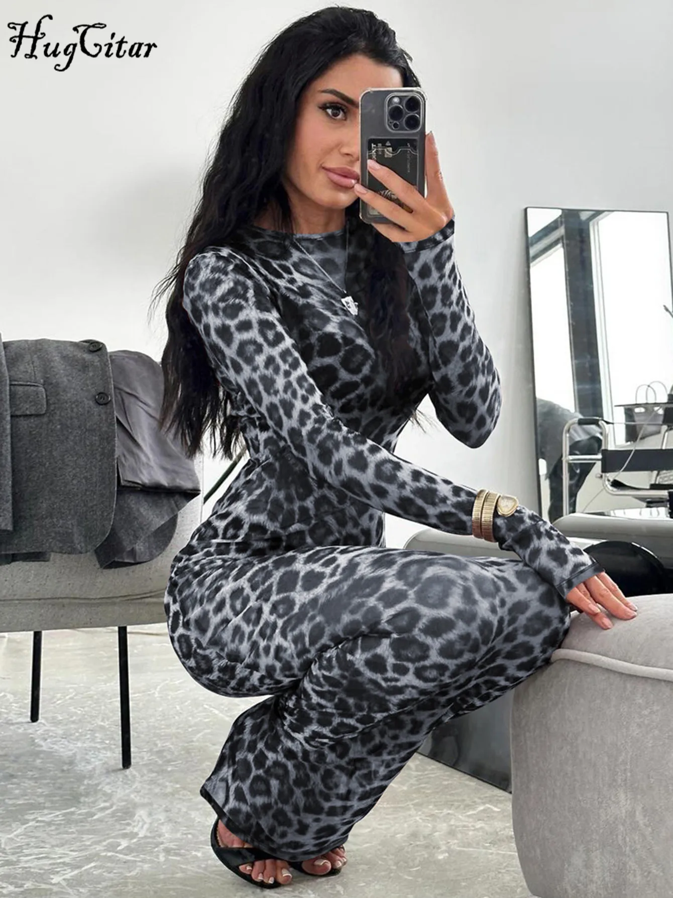 Hugcitar Leopard Print Mesh Long Sleeve Sexy Slim See Through Maxi Dress Fall Women Fashion Outfits Beach Vacation Club - Image 5