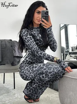 Hugcitar Leopard Print Mesh Long Sleeve Sexy Slim  See Through Maxi Dress Fall Women Fashion Outfits Beach Vacation Club 5
