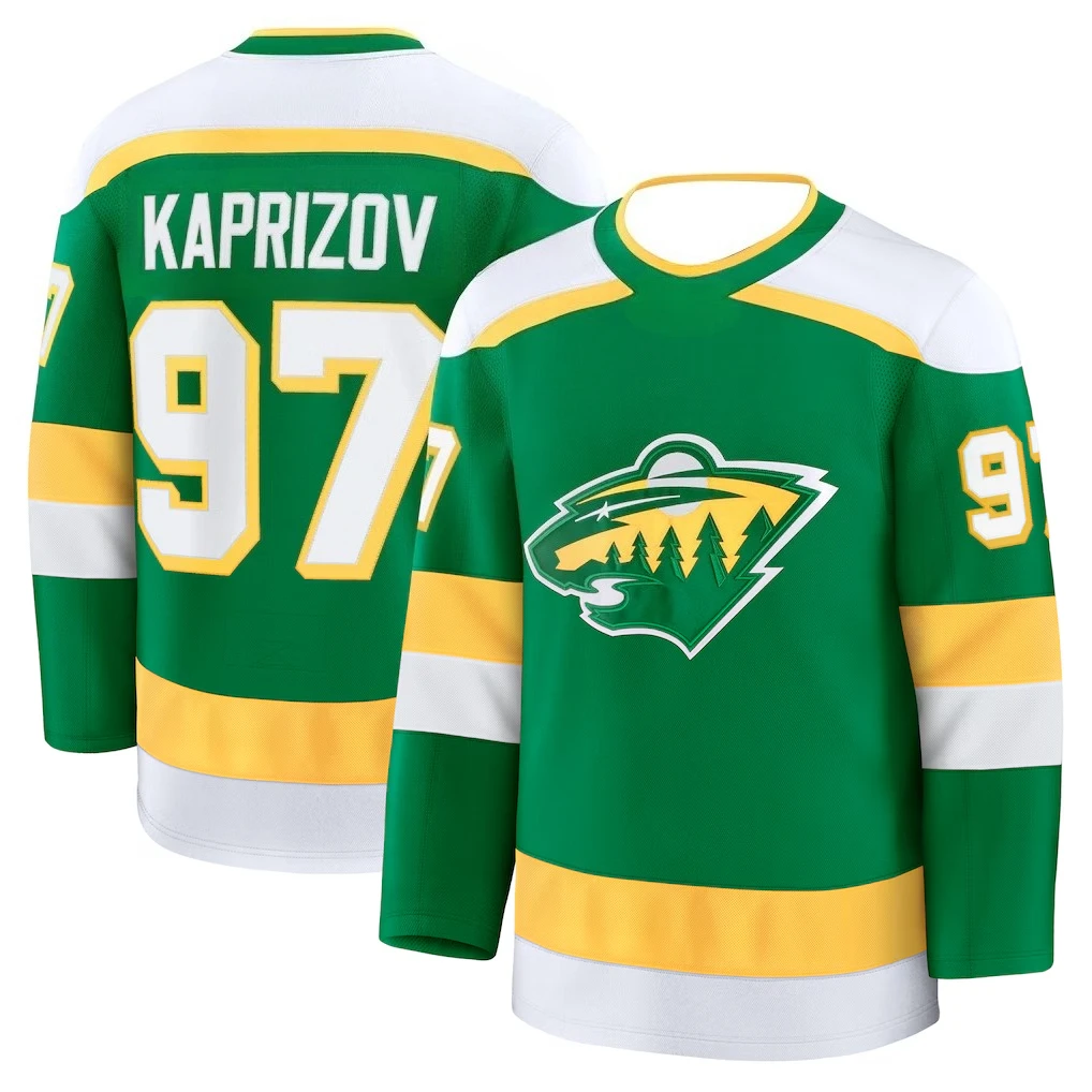 

Hockey Jersey - Green with Yellow/White Accents "Kaprizov 97" Wild Logo with Trees & Animal Athletic Jersey 3d HD Prints