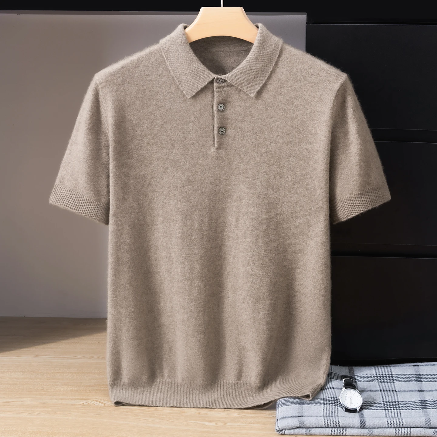 Men's 100% cashmere pullover T-shirt high-quality knitted sweater POLO collar Blouse loose Tops warm winter Jumper short sleeve