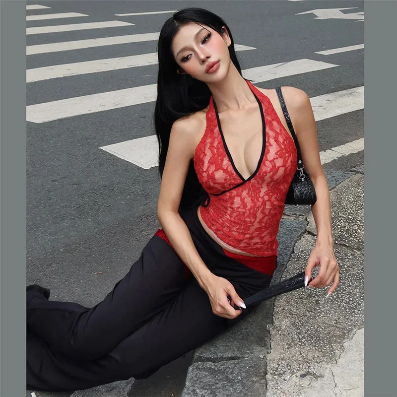 Women 2 Piece Set Fashionable Street Trendy V-neck Hanging Neck Sexy Lace Tops Skinny Flared Pants Set Female Clubwear Suit 2025