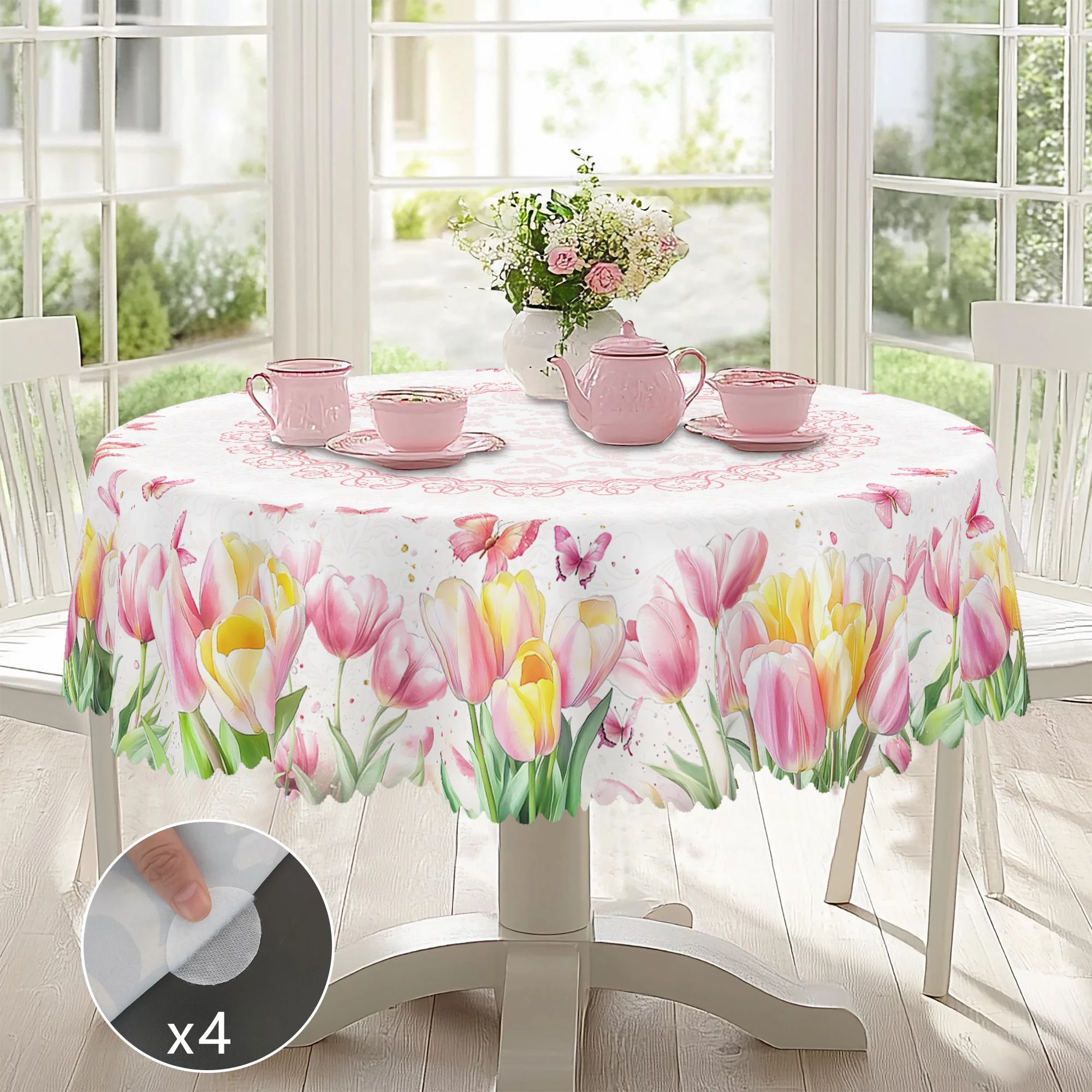 1 Piece of Spring Tulip Round Tablecloth, Available in Various Sizes, Pure White Background with Smudged Pink and Yellow Tulip Clusters, Paired with Pink-Toned Entwined Floral Wreath Embellishments and Lively Pink Butterfly Decorations, Round Decorative Tablecloth with Embossed Edges, Gentle and Fresh Style, Spring Dining Table Decoration, Suitable for Home Dining Tables, Terrace Tea Gatherings, Garden Gatherings, Outdoor Picnics, Etc., Spring and Summer Home Decoration