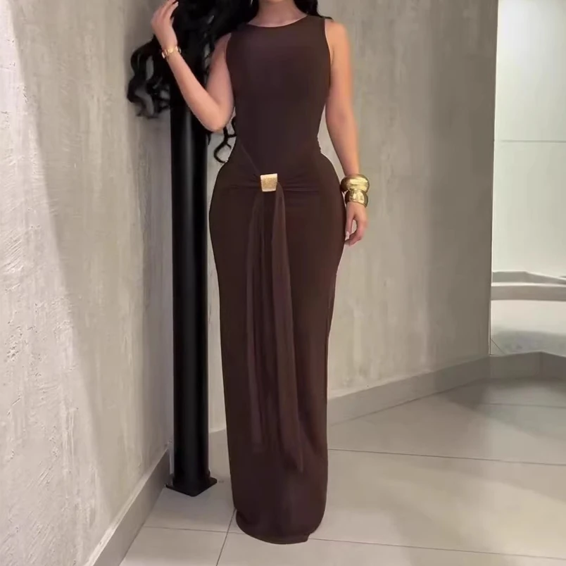 

Women Dresses Solid Dress Metal Trim Lace Up Round Neck Sleeveless Ankle Length Mid Waist Slim Casual Streetwear 2026 Summer