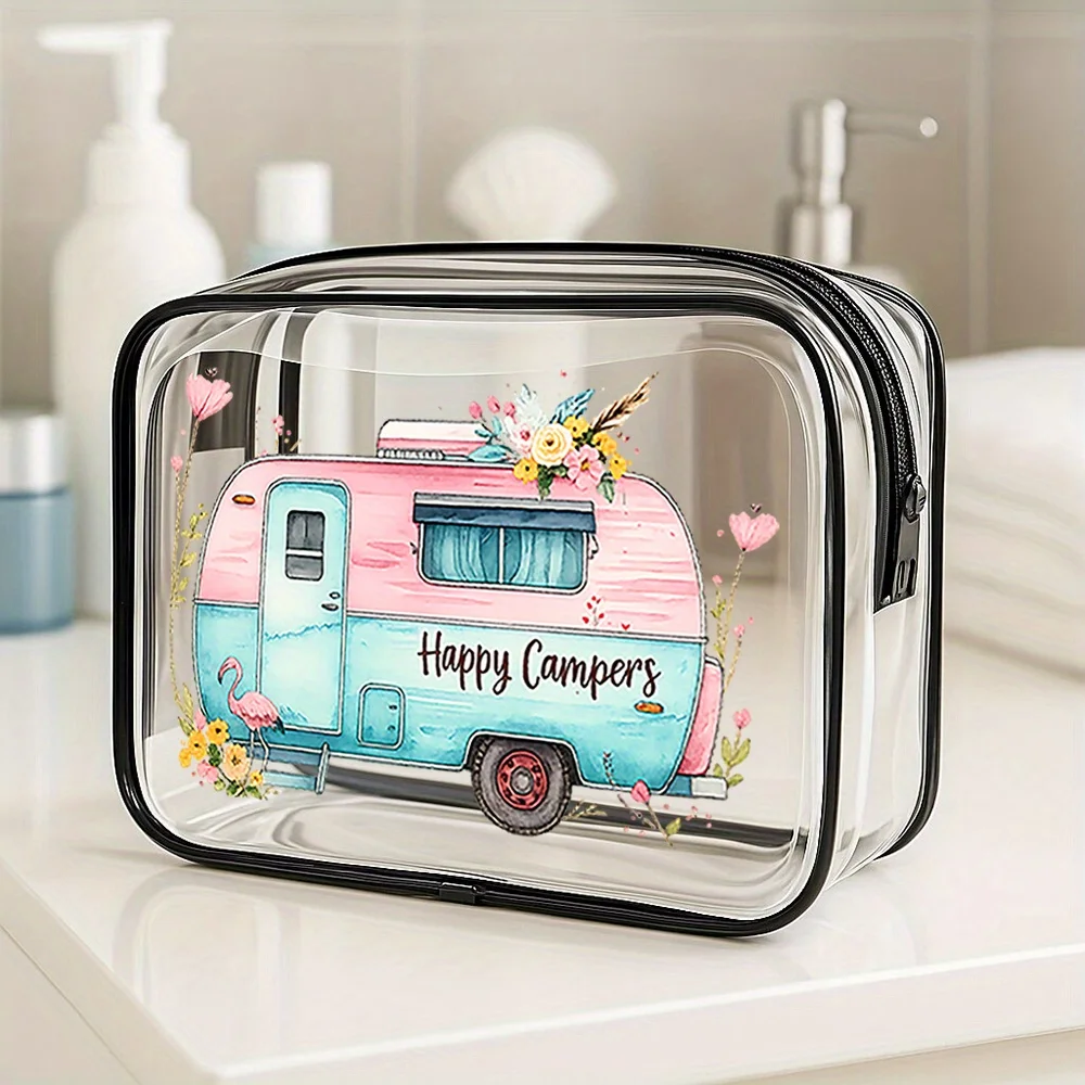 

Transparent Cosmetic Bag for Ladies - Adorable Travel Toiletry Pouch Featuring a Joyful Campers Theme, Perfect for Short Trips,