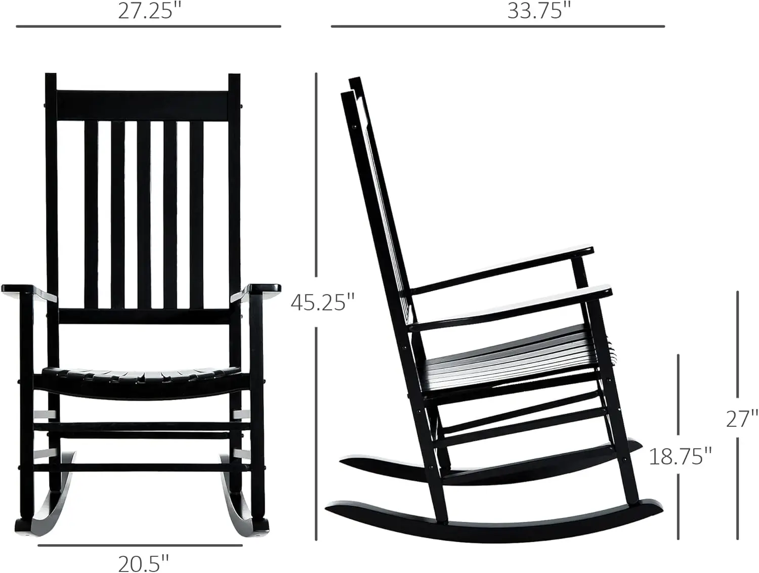 Chaise à bascule en bois pour l'extérieur, chaise à bascule en bois avec accoudoirs lisses, dossier haut pour jardin, balcon, porche