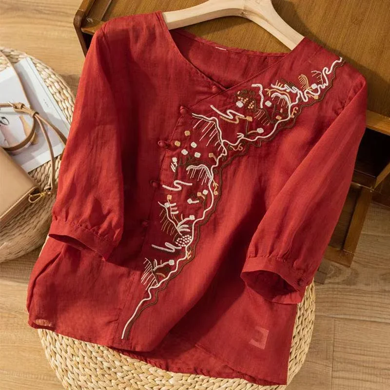 

2025 Summer New Women's Shirts Cotton Linen Embroidery Loose Casual Shirts and Women's Shirts Ethnic Style Retro Loose Thin Top
