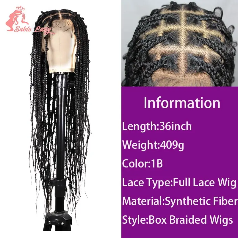 Sintético laço trançado perucas para mulheres negras, tranças borboleta, Box Braid perucas, Liquidação de 36"