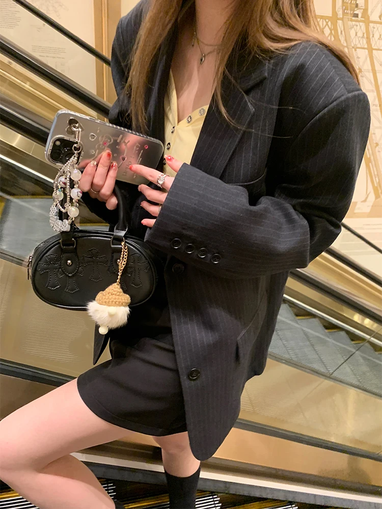 

YegeChic op Casual Loose Striped Suit Jaet for Women Bla Spring New Arrival Commute Sle Long Sve Busin Wear