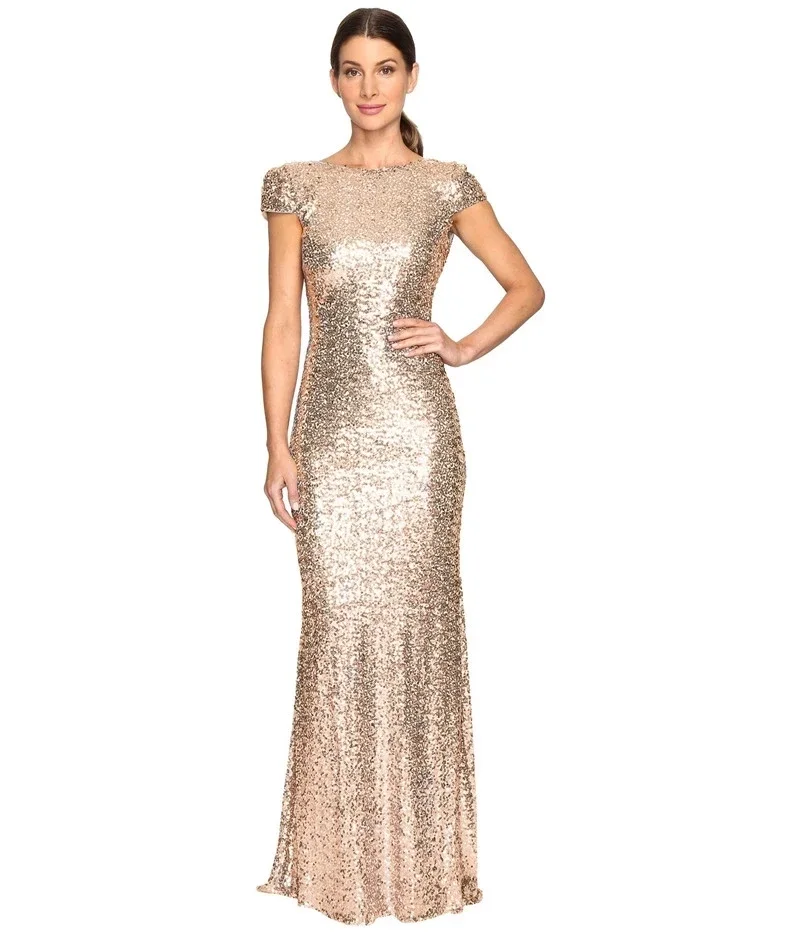 Rose Gold Cheap Mermaid Dresses Short Sleeves Backless Long Beach Sequins Wedding Party Maid of Honor Dress