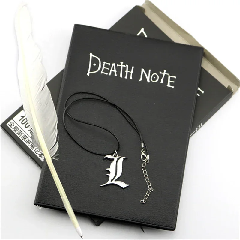 Anime Death Notebook Set Leather Journal and Necklace Feather Pen Death Cosplay Props Journal Note Pad for Gift