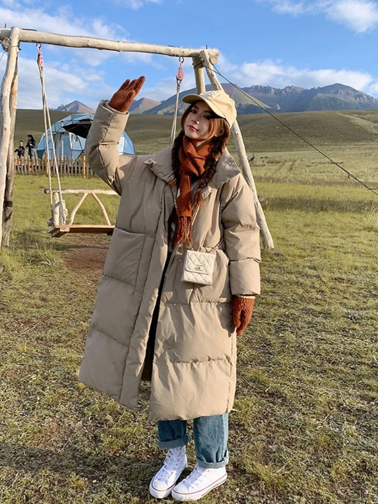 

Women Casual Cotton Coat Korean-style Thicken Warm Long Jacket Long Sleeve Loose Parkas Autumn Winter Button Pocket Office Coat