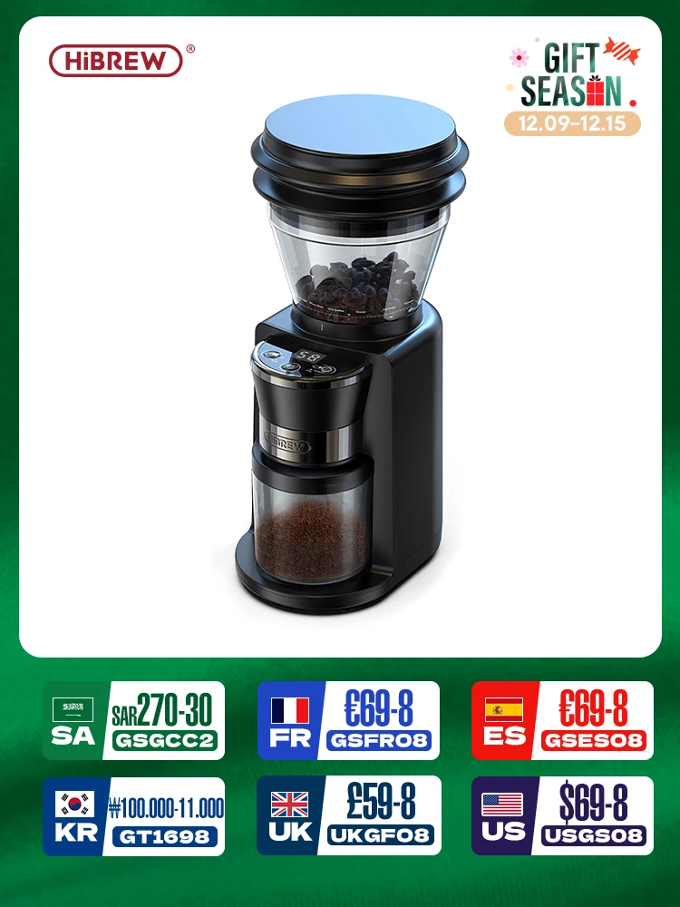 HiBREW-molinillo de café eléctrico automático con 34 engranajes para café expreso americano, almacenamiento Visual de granos G3