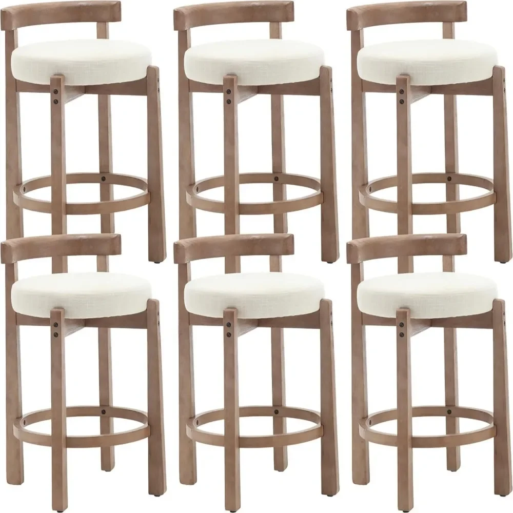 Mid-Century Bar Stools Set of 4, 26.5 Inch Linen Counter Height Upholstered Barstools Bar Chairs with Solid Wooden Legs for