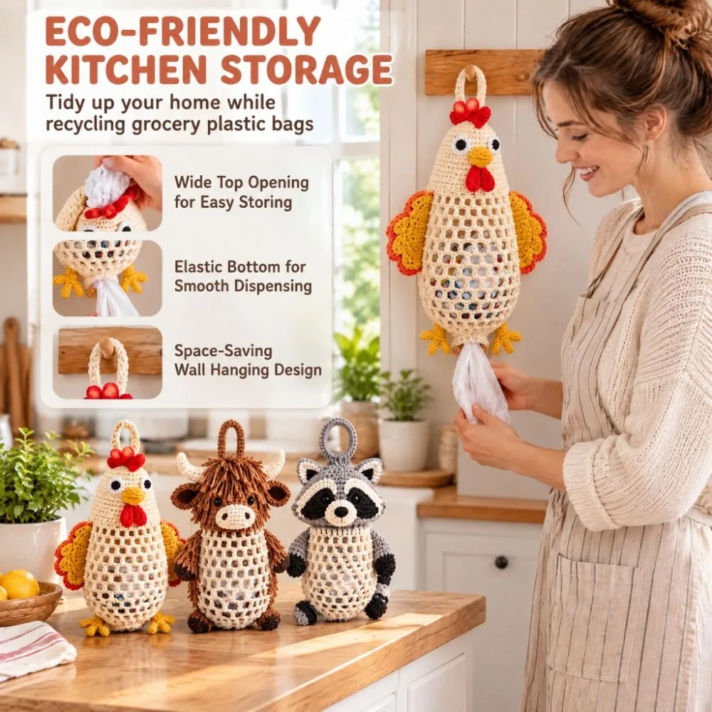 Handmade Crochet Animal Bag Holder Kit DIY Yarn Craft Wall Hanging Plastic Bag Dispenser Animal Shaped Cute Stylish