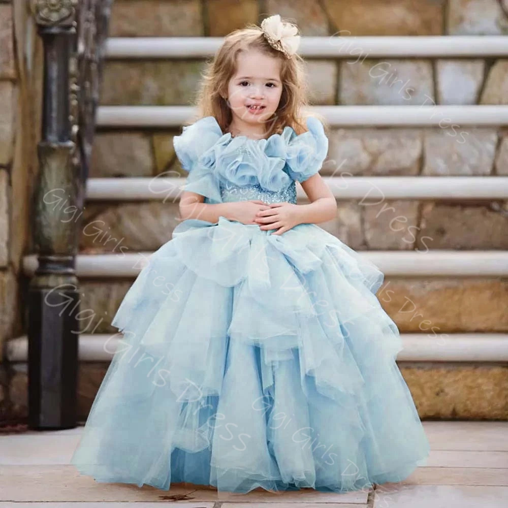 Vestido de princesa champán para niñas con flores hechas a mano en 3D, vestido de baile esponjoso, vestido de niña de flores de tul escalonado, vestido de fiesta personalizado