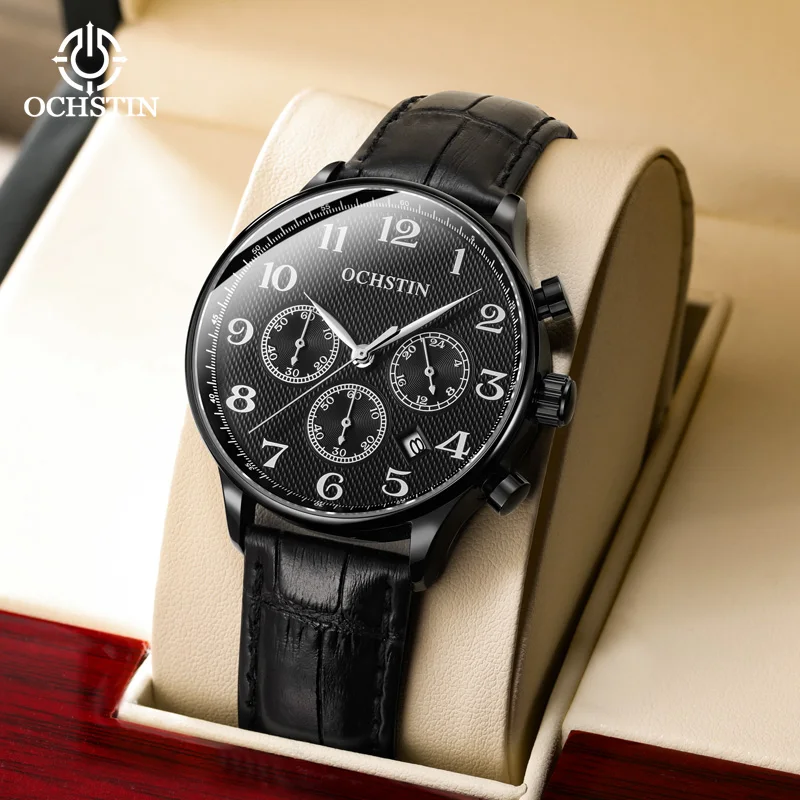 Montre à quartz OCHSTIN pour homme, bracelet en cuir classique, bracelet en cuir souple pliable, chronométrage précis
