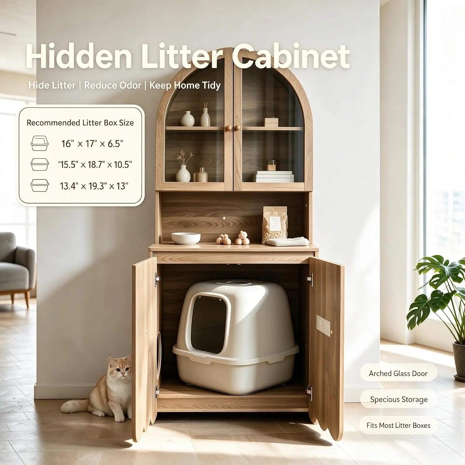 Cat Litter Box Enclosure Furniture, Wood Arched Cabinet, Natural