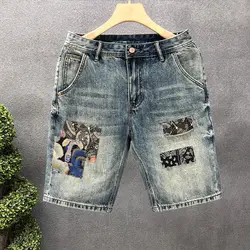 Summer Trendy Hand Painted Patch Jeans Shorts Men's Straight Slim Stretch Denim Short Pants Male Ripped Cropped Denim Trousers