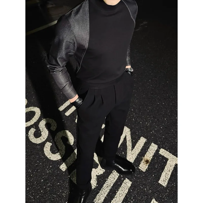 Moto Biker Denim Patchwork Long Sleeved Men T-shirts Fashion Mock Neck Slim Fit  T Shirt  Man Asian Size Trendy Male Tee Tops