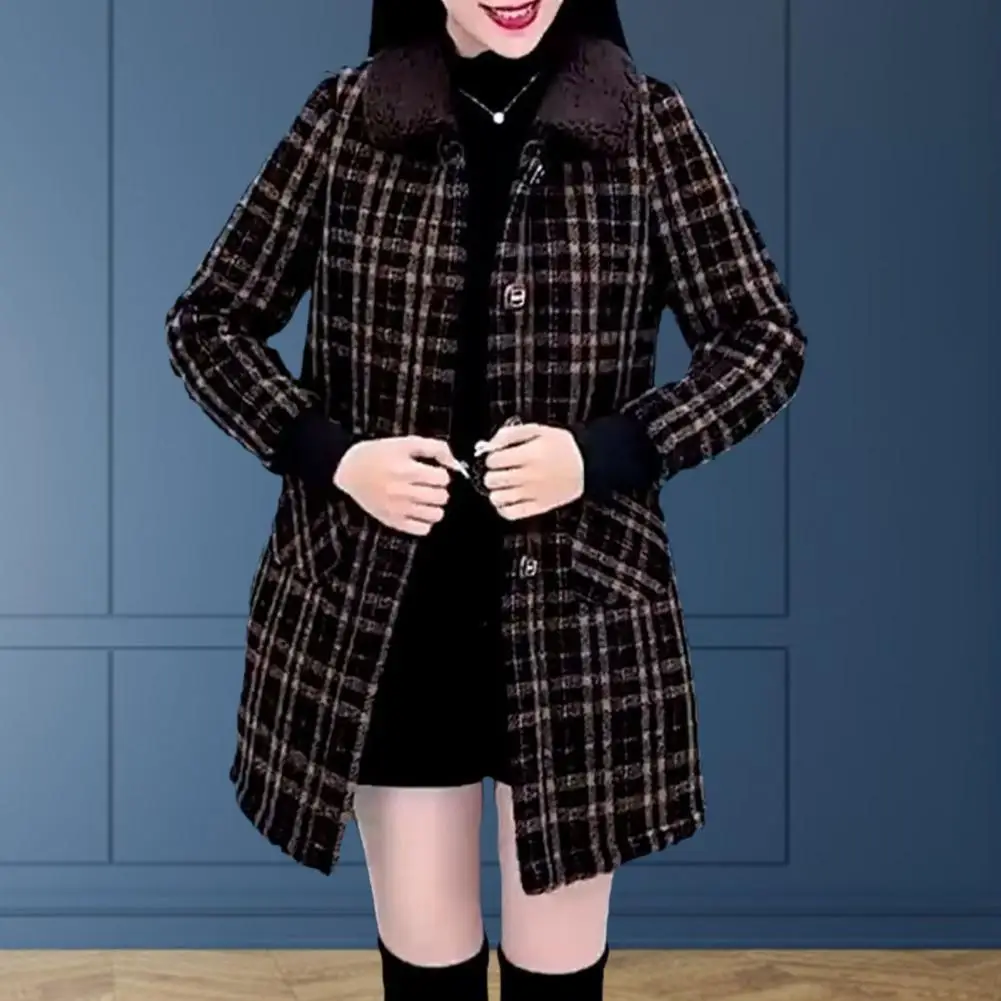 Women Fall Winter Coat Thickened Plush Lapel Warm Women Jacket Cold Resistant Plaid Print Mid Length Lady Long Jacket