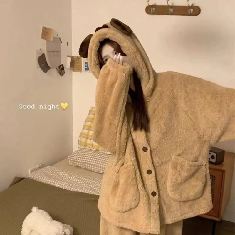 

Утолщенные коричневые студенческие пижамы с капюшоном для девочек, домашняя одежда из кораллового флиса, фланелевая осенне-зимняя женская одежда для сна, ночная рубашка, верхняя одежда