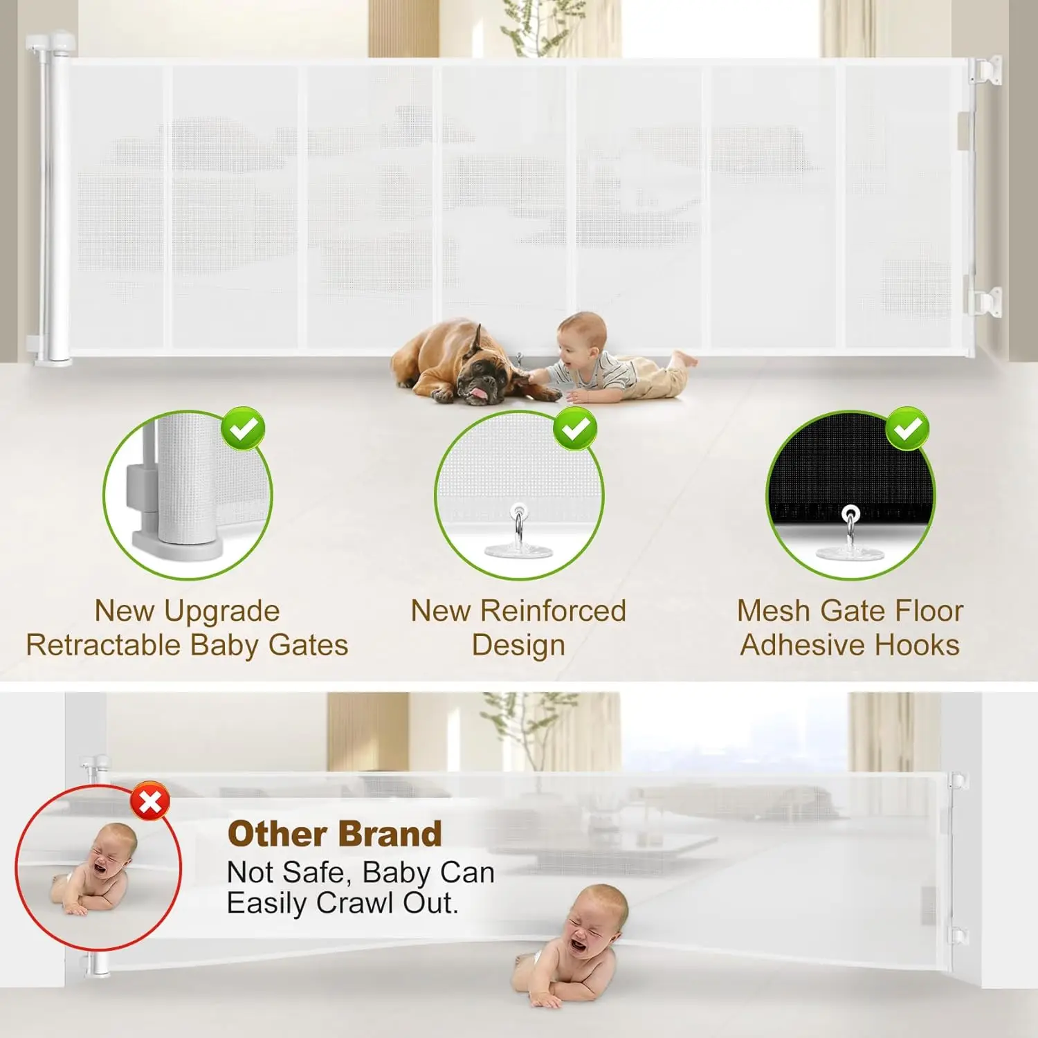 Upgrade 120 inch Retractable Baby Gates Extra Wide with Reinforced Strip Design to Prevent Crawling Through, 10 Foot Retractable