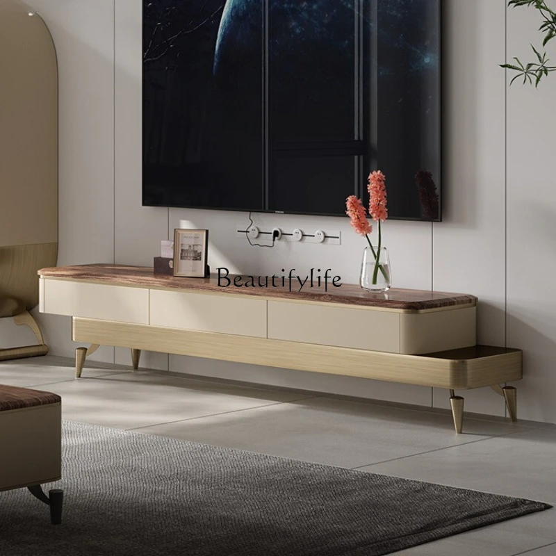 French light luxury black walnut solid wood TV cabinet household high-end natural marble