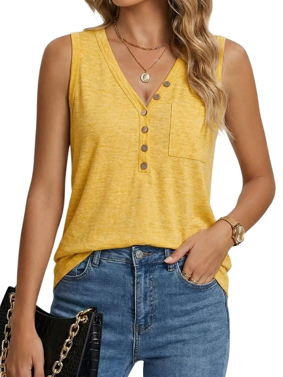 Image of Damen Henley-Tanktop mit V-Ausschnitt, lockere Passform, ärmellos, Freizeitkleidung mit Tasche, Sommer-Damenoberteile