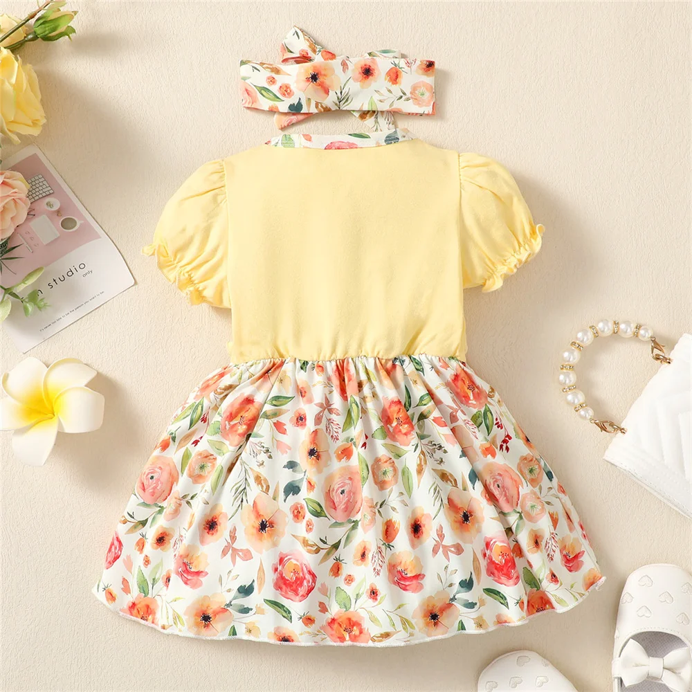 Baby Clothing Baby Girl Dress Bow Short sleeve Dress+Headband 2pcs fit 0-24 Months Small Girl   Summer Fashion Dress