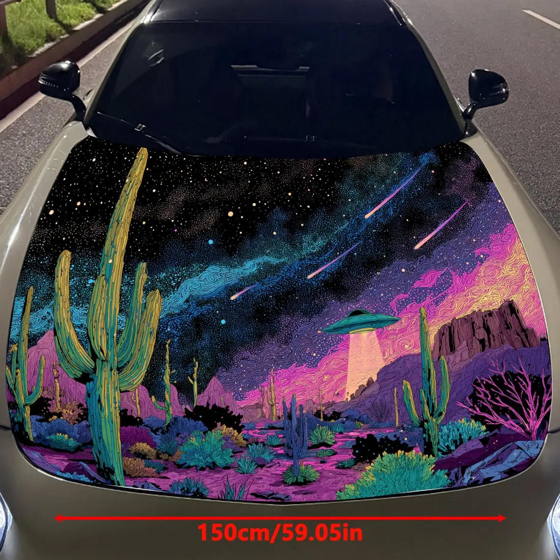 Desert Cactus UFO Under the Starry Sky Car Hood Vinyl Stickers Car Surface Protection Decal Car Decoration Cover Vinyl Wraps Wat