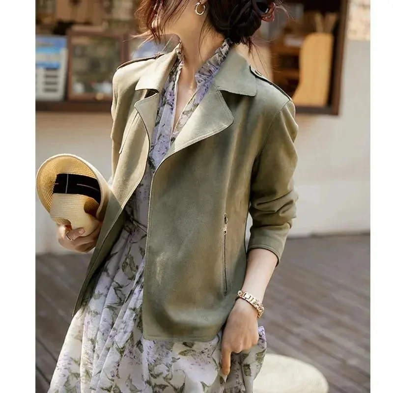 Fashion Short Motorcycle Coat Jacket Loose Casual Women Jackets 2024 New Spring Autumn High-End Korean Deer skin velvet Coat