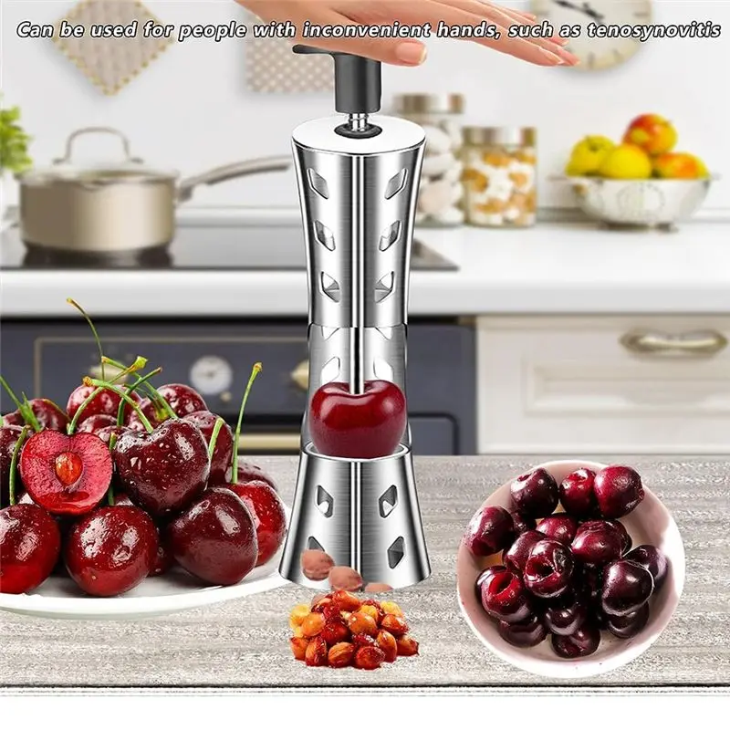 ABNH Portable Cherry Pitter Remover Tool 304 Stainless Steel Kitchen Tool Silver Fruit Pit Remover for Cherry Jam Press Type