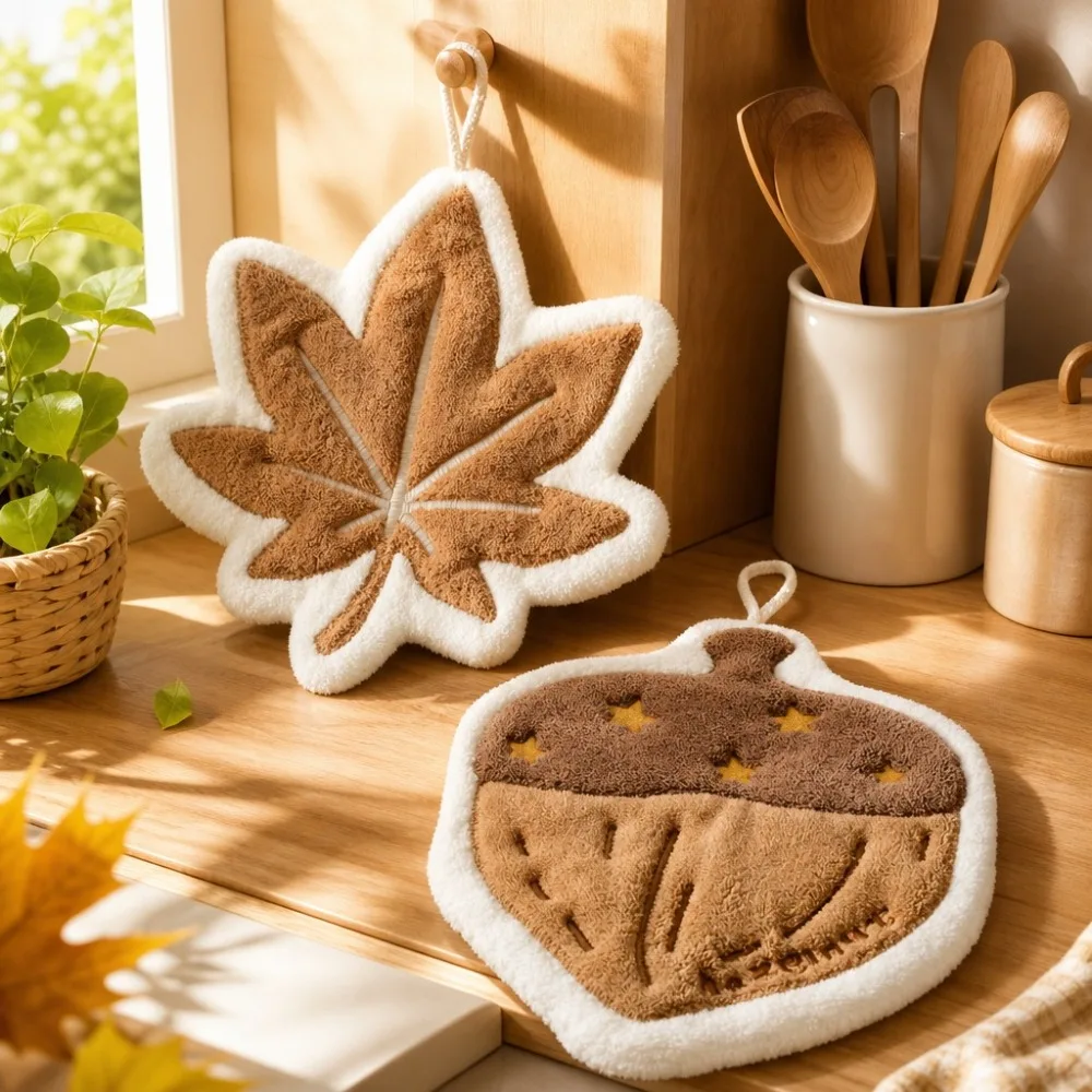 2-Pack of Randomly Assorted Maple Leaf and Hazelnut-Shaped Hand Towels, Absorbent and Soft, Maple Leaf and Acorn Hanging Kitchen Towels for Bathroom, Kitchen, and Autumn Home Decor, Decorative Quick-Dry Towels, Christm