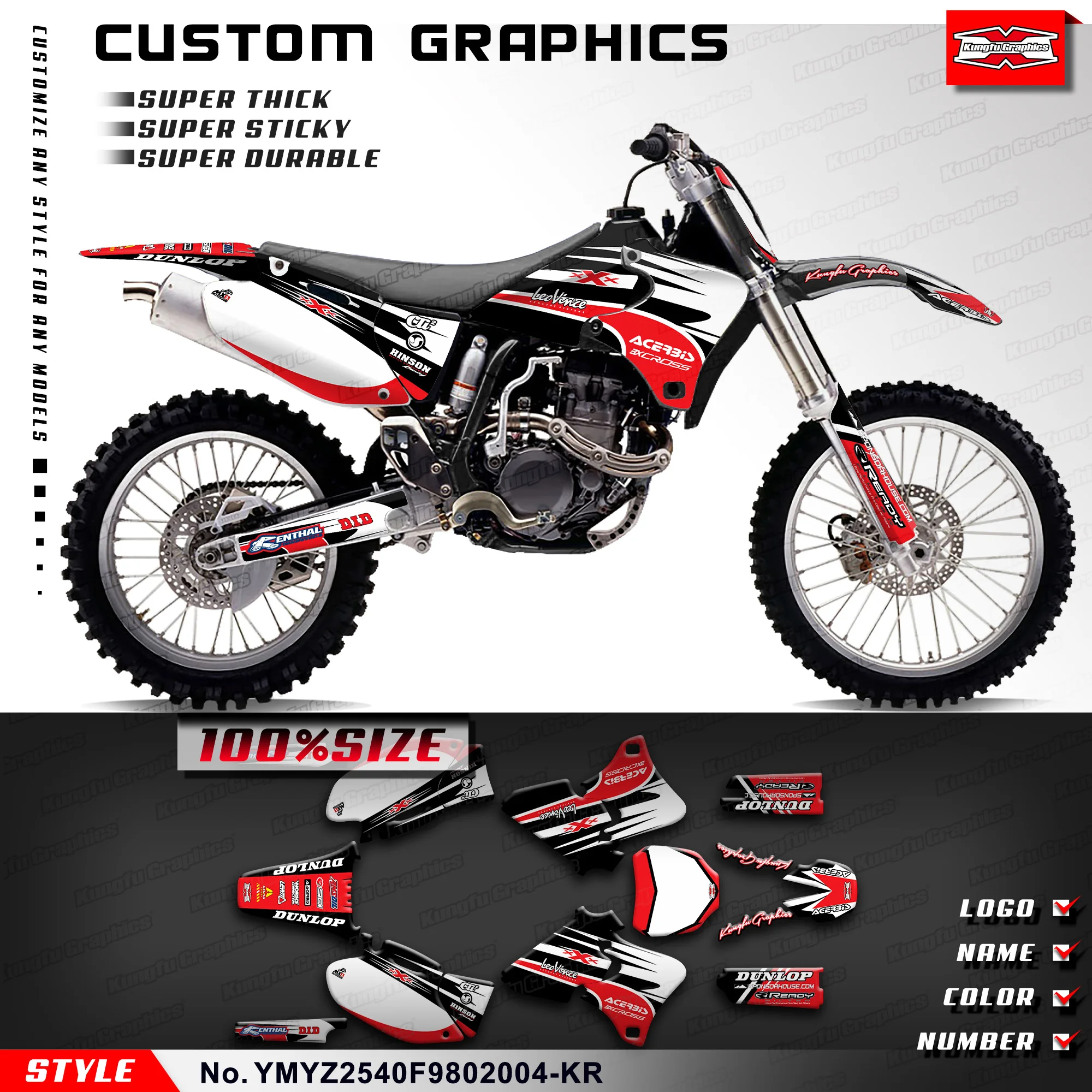 

KUNGFU GRAPHICS Custom Stickers Kit Complete Decal for Yamaha YZ250F YZ450F 1998 1999 2000 2001 2002, YMYZ2540F9802004-KR