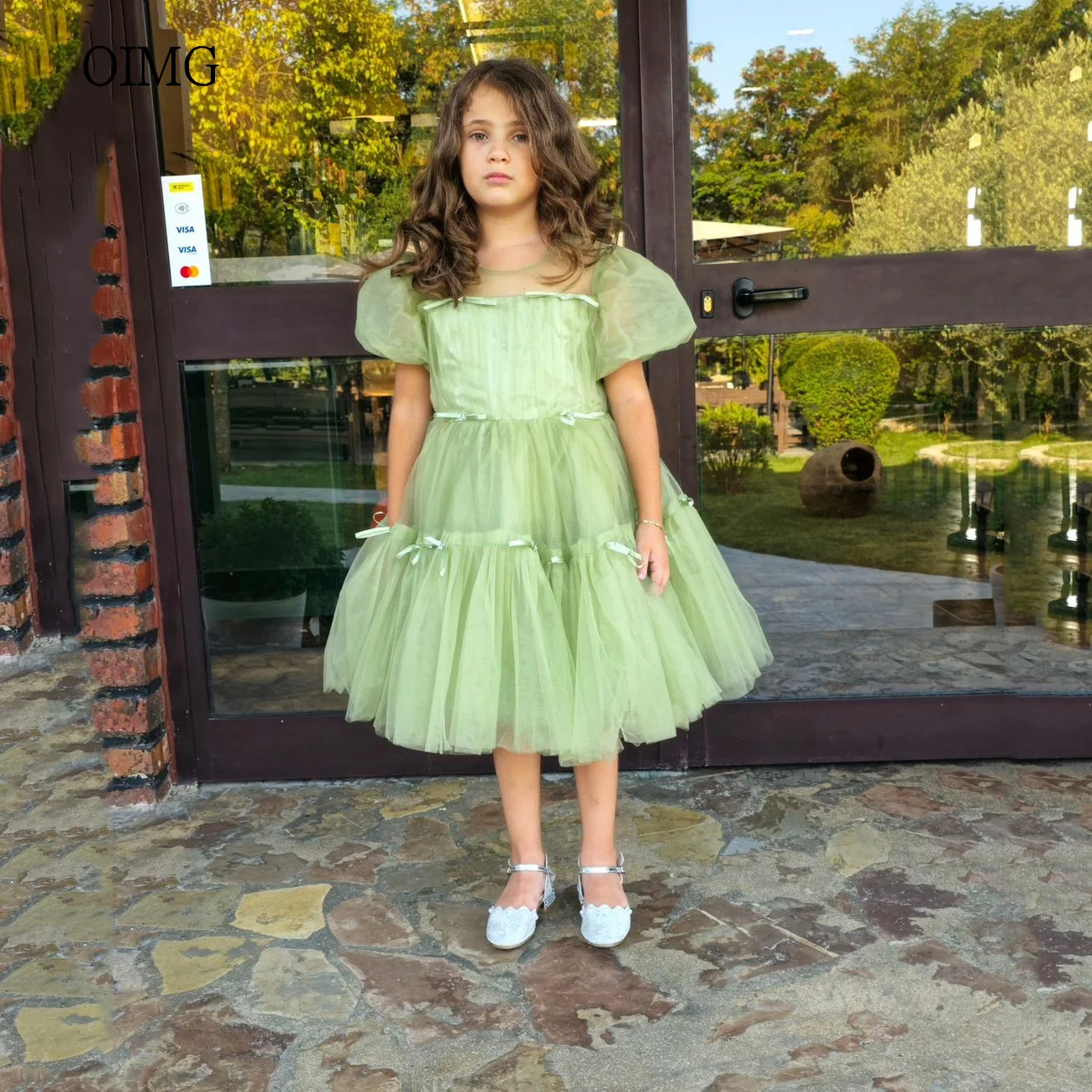 OIMG Light Green A-line Flower Girl Dresses Puff Sleeves Gown Wedding Party Dress Tulle Princess Birthday Dress Customized