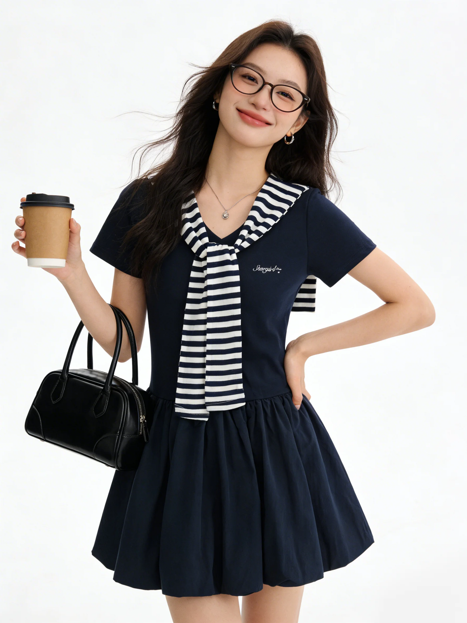 Summer Women's Short Sleeve V-Neck A-Line Flower Bud Dress Slimming Waist Design Korean College Style Blue Dress
