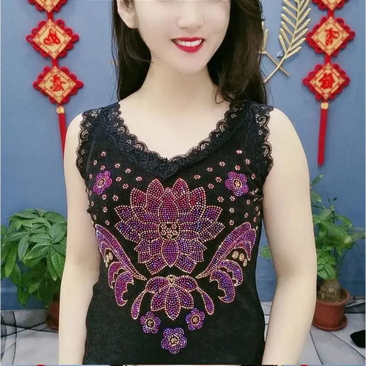 Summer Lace Camisole, Korean Style Slim Rose Phoenix Tail Rhinestone Beauty Back Top, Women's Inner & Outer Wear Tank Top