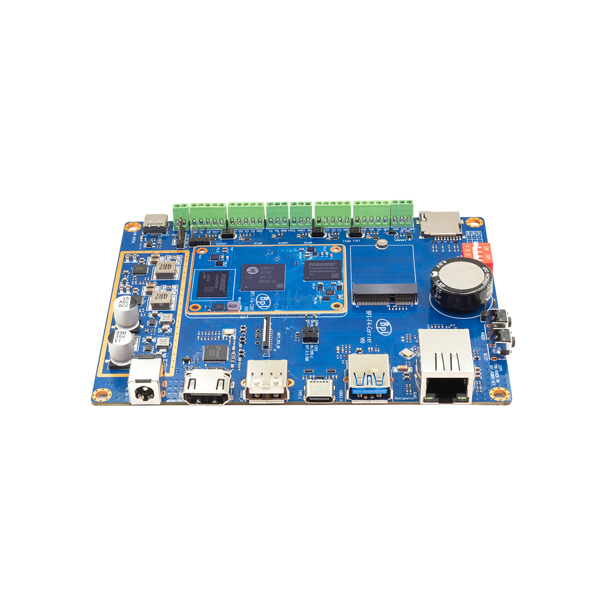 Banana Pi BPI-F4 Industrial Board - Sunplus SP7350 with Quad A55 & M4 Cores + 4.1 TOPS NPU for AI Edge Computing