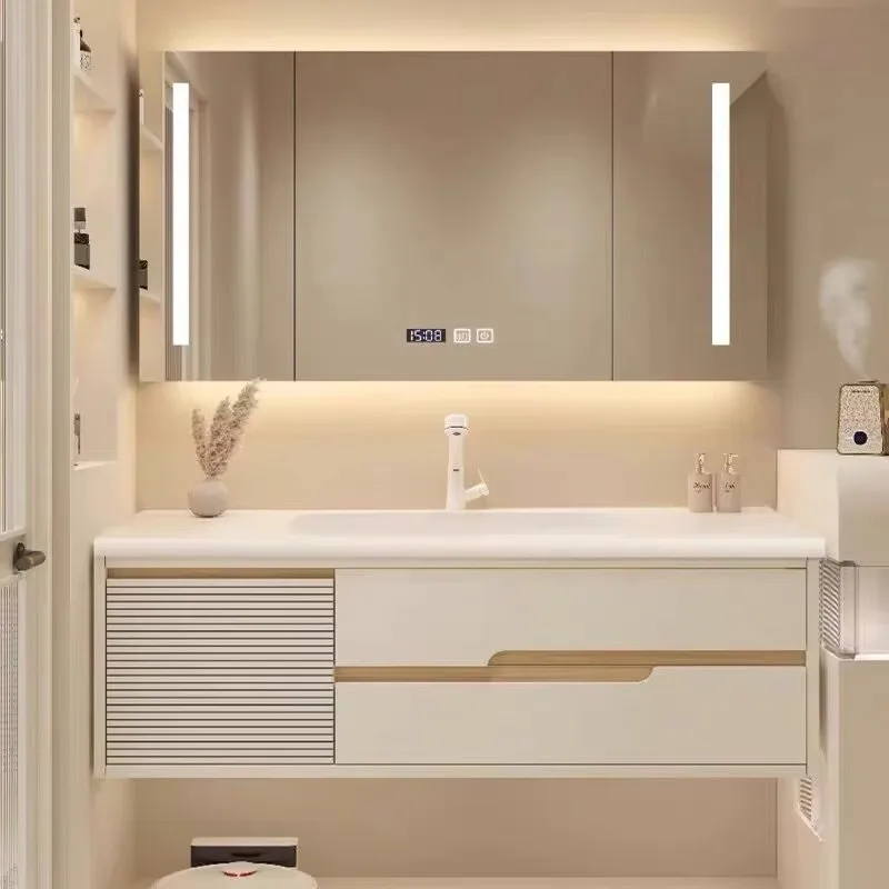 

Large bathroom white makeup mirror cabinet set waterproof double sink bathroom vanity modern